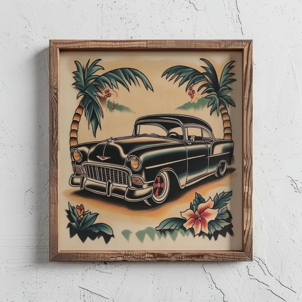 Vintage Classic Car & Traditional Tattoo Flash Art Print- Retro Palm Trees